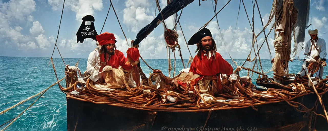 Prompt: the pirate blackbeards spaghetti treasure, aboard his sailboat, caribbean, 1 7 0 0 s, canon 2 0 mm, photograph, kodachrome,