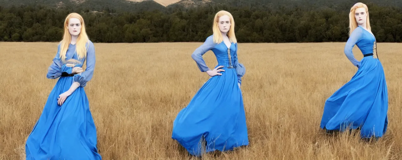 Image similar to evan rachel wood with blonde hair and a maiden blue dress in a field, old west