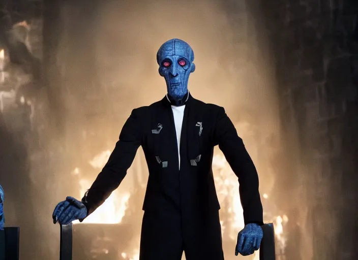 Prompt: Ebony Maw working as a funeral director in the new avengers movie, 4k