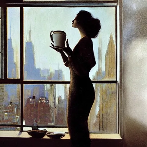 Prompt: “ a girl holding a cup of coffee looking out a window overlooking the east village in new york city, morning light, by rolf armstrong ”