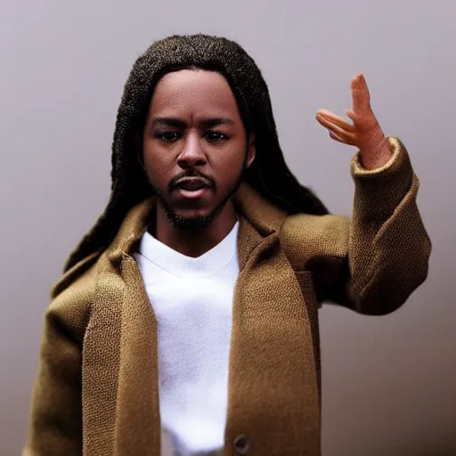 Prompt: “an award winning photograph of an action figure doll of Kendrick Lamar, the rapper, hip hop artist, dressed as a scientist”