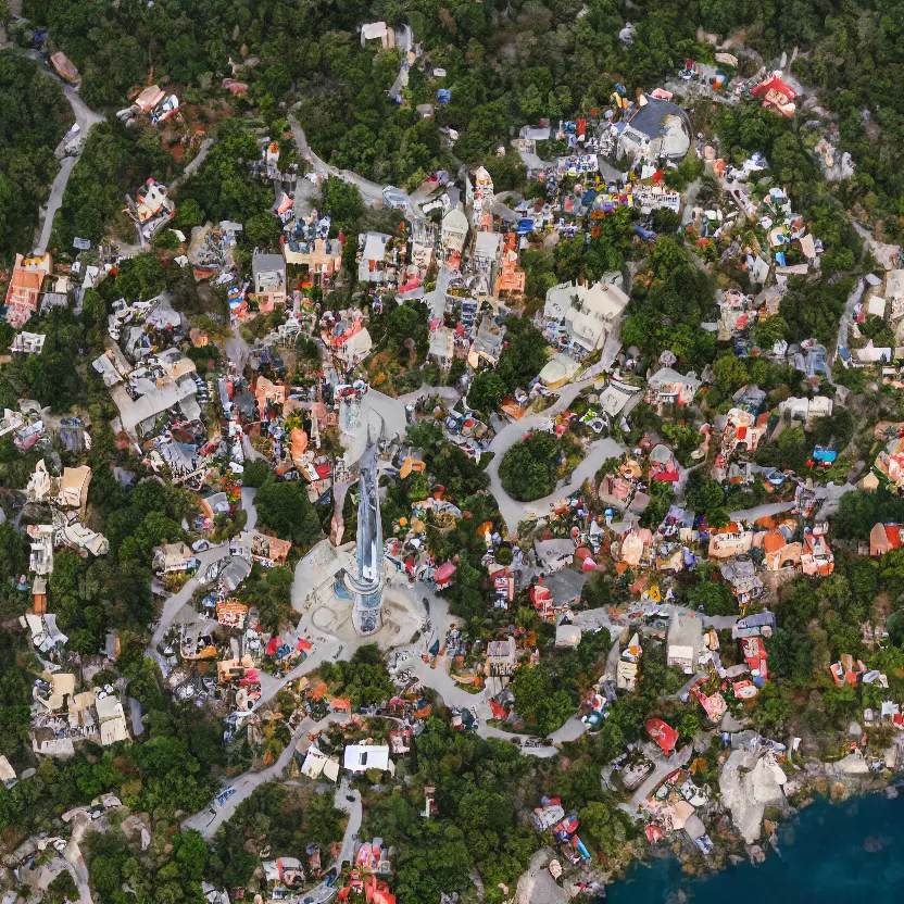 Image similar to aerial view of fantasy town with a wizard's tower in the middle, photograph, 8 k