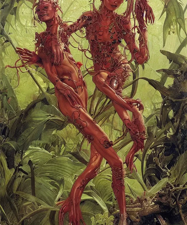 Prompt: a portrait photograph of a tropical alien succubus with slimy amphibian skin being painted like a bird. she looks like sadie sink and is wearing a colorful infected sleek organic catsuit. by donato giancola, hans holbein, walton ford, gaston bussiere, peter mohrbacher and brian froud. 8 k, cgsociety, fashion editorial