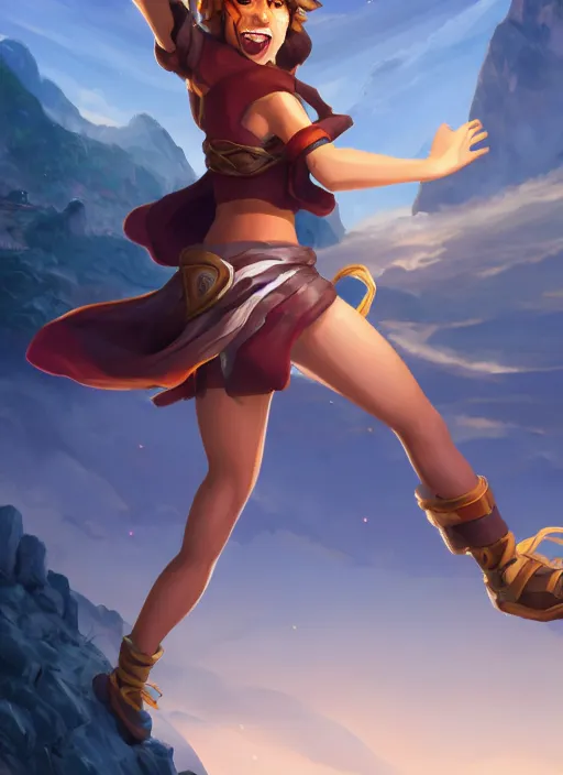 Image similar to taliyah, from league of legends, au naturel, with abs, athletic rock climber, hyper detailed, mountain background, digital art, trending in artstation, cinematic lighting, studio quality, smooth render, unreal engine 5 rendered, octane rendered, art style by klimt and nixeu and ian sprigger and wlop and krenz cushart