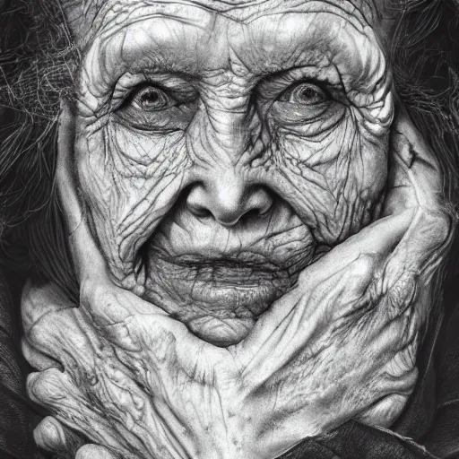 Prompt: portrait, old wrinkled witch. dark clothes. high detail, great lighting, 8k resolution, masterpiece, concept art, illustration