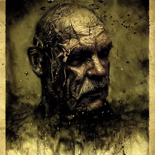 Image similar to wet collodion photography of innsmouth dweller mutant early xx century fisherman sailor old man with gills and scales creatures from the deep ocean by emil melmoth zdzislaw beksinki craig mullins yoji shinkawa realistic render ominous detailed photo atmospheric by jeremy mann francis bacon and agnes cecile ink drips paint smears digital glitches glitchart