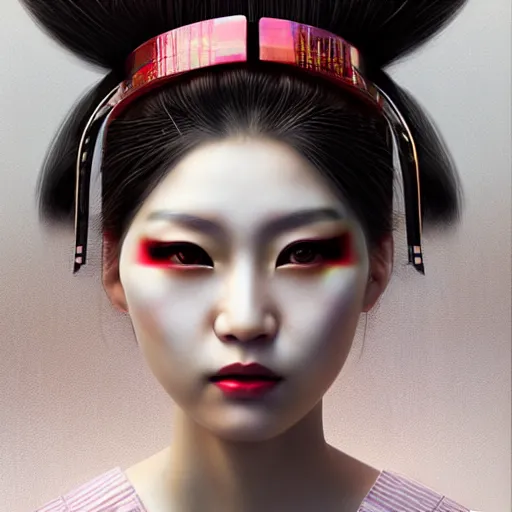 Prompt: portrait of beautiful japan cyberpunk geisha, by nick silva, ja mong, greg rutkowsky, digital, soft painting, photorealism, skin reflections