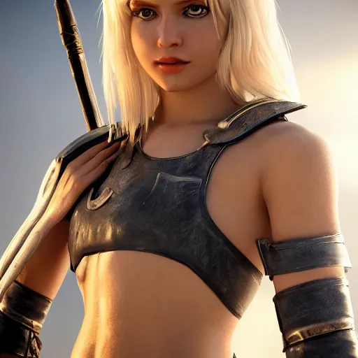 Image similar to A beautiful young blonde warrior ultra realistic octane render, highly detailed