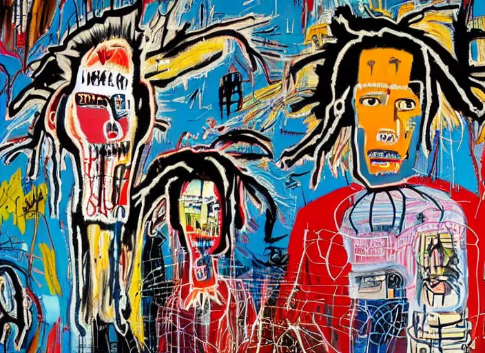 Prompt: jean-michel basquiat, david choe and alex gray painting, intricately highly detailed art piece