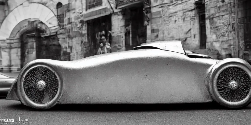 Prompt: Photo of a dirty silver sports car designed by Rene Lalique, sigma 50mm, ƒ/8, hyper detailed.