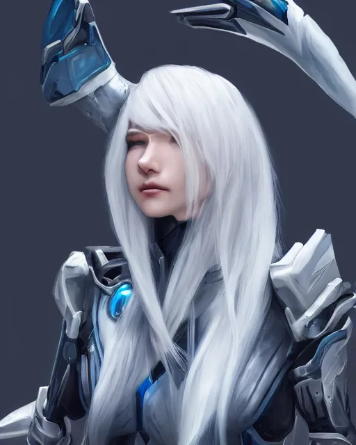 Image similar to perfect white haired girl, warframe armor, beautiful, dreamy, half asian, pretty face, blue eyes, detailed, windy weather, scifi, utopian architecture, laboratory, 4 k, ultra realistic, epic lighting, cinematic, high detail, masterpiece, art by akihito tsukushi, akasuki voidstar