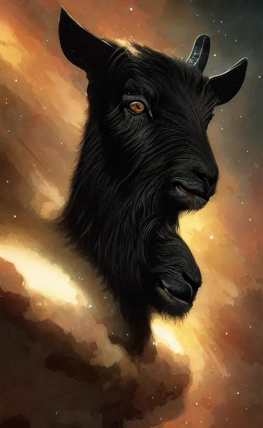 Image similar to a detailed portrait of a black goat in space, concept art, deep focus, intricate, highly detailed, digital painting, artstation, matte, sharp focus, illustration, art by greg rutkowski and alphonse mucha