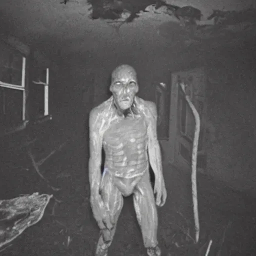 Prompt: 1 9 9 3, disposable camera, flash, old abandoned house, mutant flesh creature standing, meat, flesh, veins