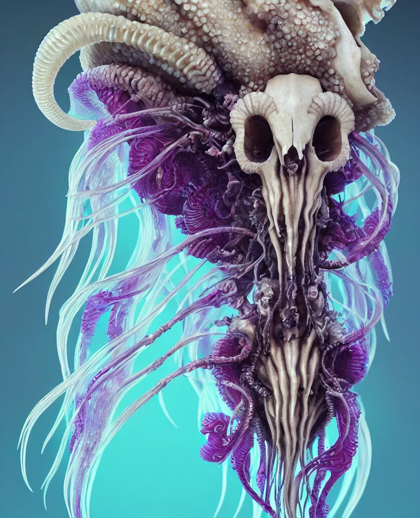 Image similar to goddess close-up portrait ram skull. jellyfish phoenix head, nautilus, orchid, ram skull, betta fish, bioluminiscent creatures, intricate artwork by Tooth Wu and wlop and beeple. octane render, trending on artstation, greg rutkowski very coherent symmetrical artwork. cinematic, hyper realism, high detail, octane render, 8k