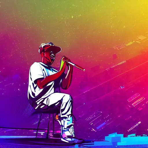 Prompt: rapper performing at huge festival, holding microphone, epic angle, digital art, vapor wave, hip hop, trending on Artstation, professional artist, detailed, 4k