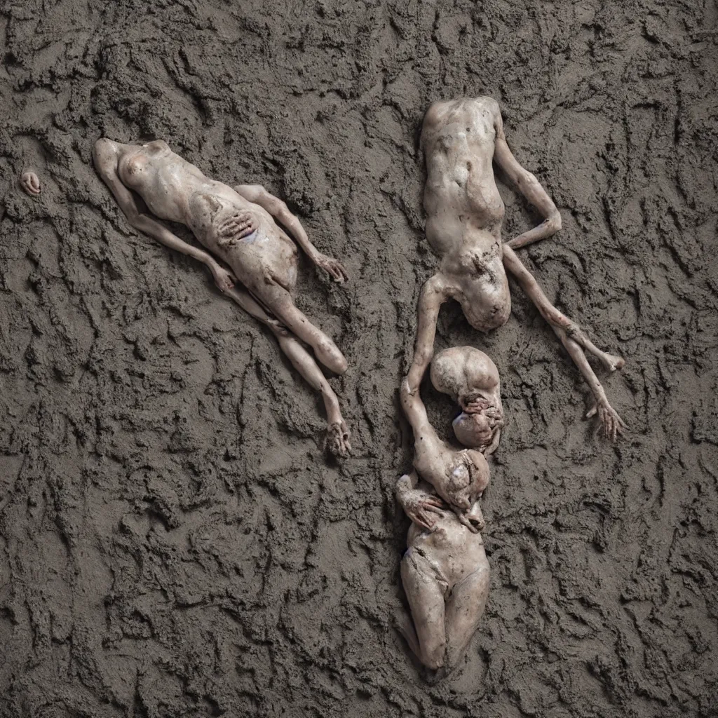 Prompt: overhead view a woman's corpse connected by an umbilical cord to a baby buried under mud and oil spill, faded, depth of field,, ultra realistic, very detailed, by hans bellmer and nadav kander, 8 k hyper realistic detailed cinematic still