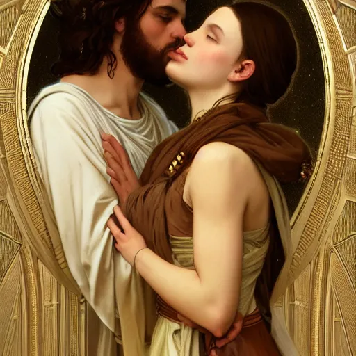 Image similar to jesus kissing a maria maddalena, intricate, elegant, highly detailed, digital painting, artstation, concept art, matte, sharp focus, illustration, art by artgerm and greg rutkowski and alphonse mucha