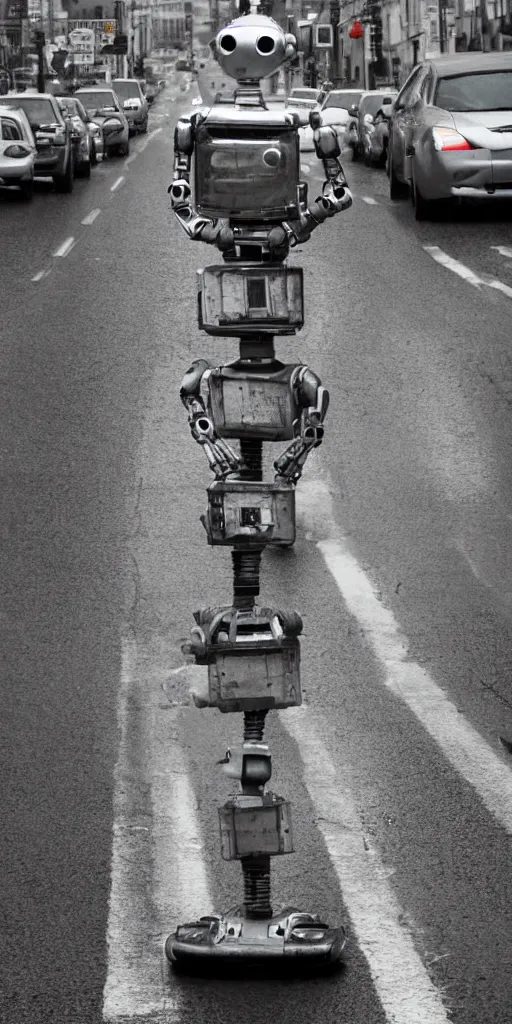 Image similar to robot on the road, city, photo, rain,