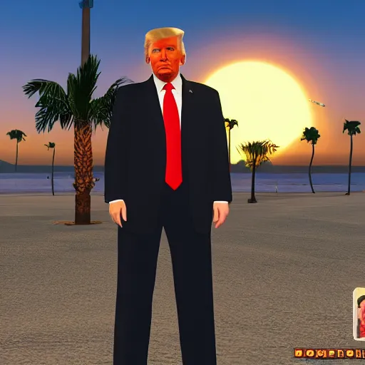 Prompt: Donald Trump in the style of GTA v, Miami beach, GTA v video game art, sunset aesthetic