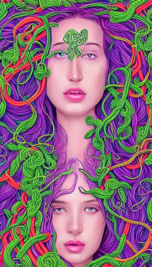 Image similar to very detailed portrait of a 2 0 years old girl surrounded by tentacles, the youg woman visage is blooming from fractal and vines, by lisa frank,