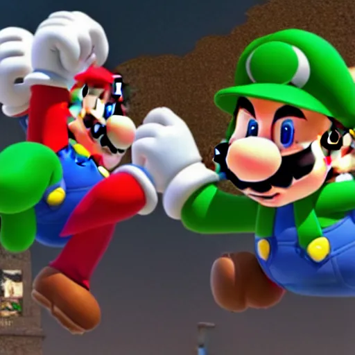 Image similar to mario with luigi fighting muscular keanu reeves with muscular elon musk, highly detailed, high quality, hd, 4 k, 8 k, canon 3 0 0 mm, professional photographer, 4 0 mp, lifelike, top - rated, award winning, realistic, sharp, no blur, edited, corrected, trending