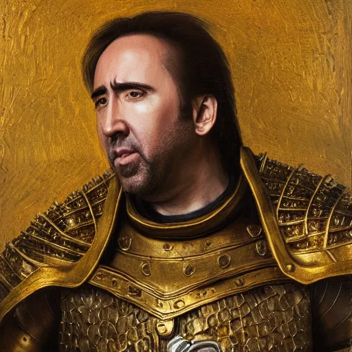 Prompt: Nicolas Cage in a gold armor, religious masterpiece portrait, oil on canvas, occult night, in the world of Andrew Wyeth and Dark Souls, artstation, by J. C. Leyendecker and Peter Paul Rubens,