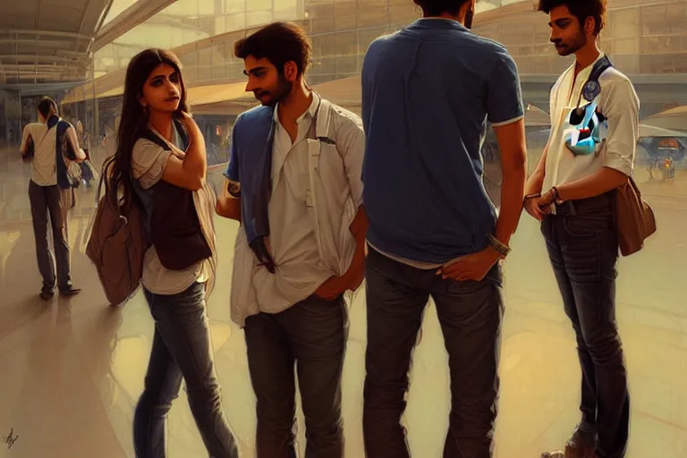 Image similar to Anxious good looking pale young Indian doctors wearing jeans and shirts at the airport, portrait, elegant, intricate, digital painting, artstation, concept art, smooth, sharp focus, illustration, art by artgerm and greg rutkowski and alphonse mucha