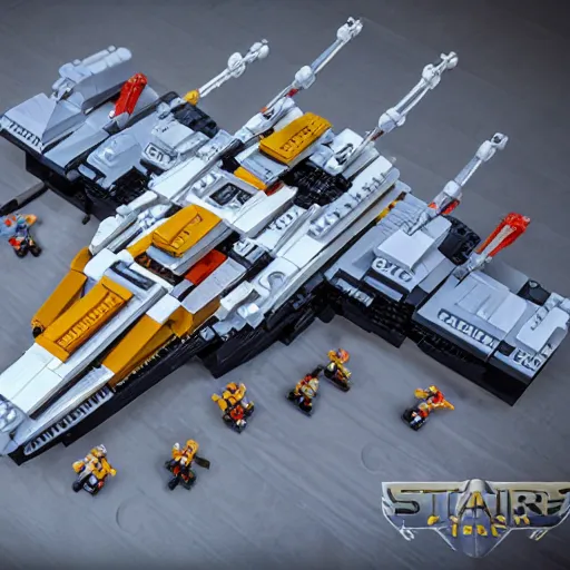 Image similar to star citizen ship made of lego, isometric, high detail, realistic, photography