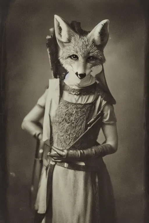 Image similar to a wet plate photo of an anthropomorphic fox vixen as maid marian from robin hood