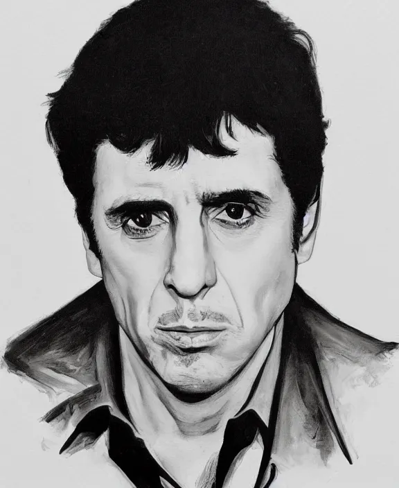 Image similar to headshot portrait. tony montana from movie scarface 1 9 8 3. al pacino, perfect symmetric face, coherent eyes, fine details., 4 k, ron cobb