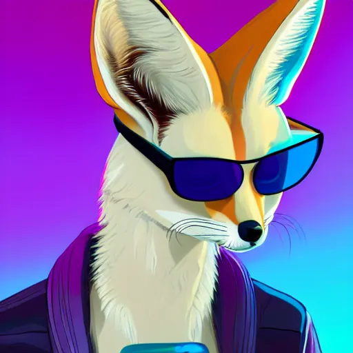 Prompt: anthropomorphic fennec fox, pink and blue mohawk hairstyle, furry, aviator sunglasses, synthwave style, portrait, artstation, detailed, award winning, dramatic lighting