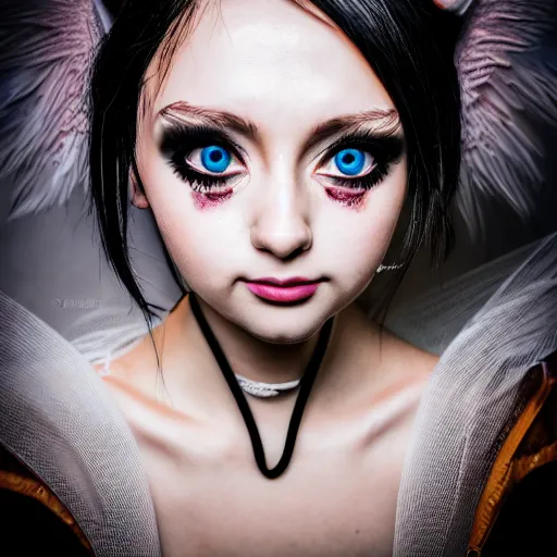 Image similar to prompt, angel, modelsociety, radiant skin, huge anime eyes, steampunk, rtx on, perfect face, intricate, sony a 7 r iv, symmetric balance, polarizing filter, photolab, lightroom, 4 k, dolby vision, photography award