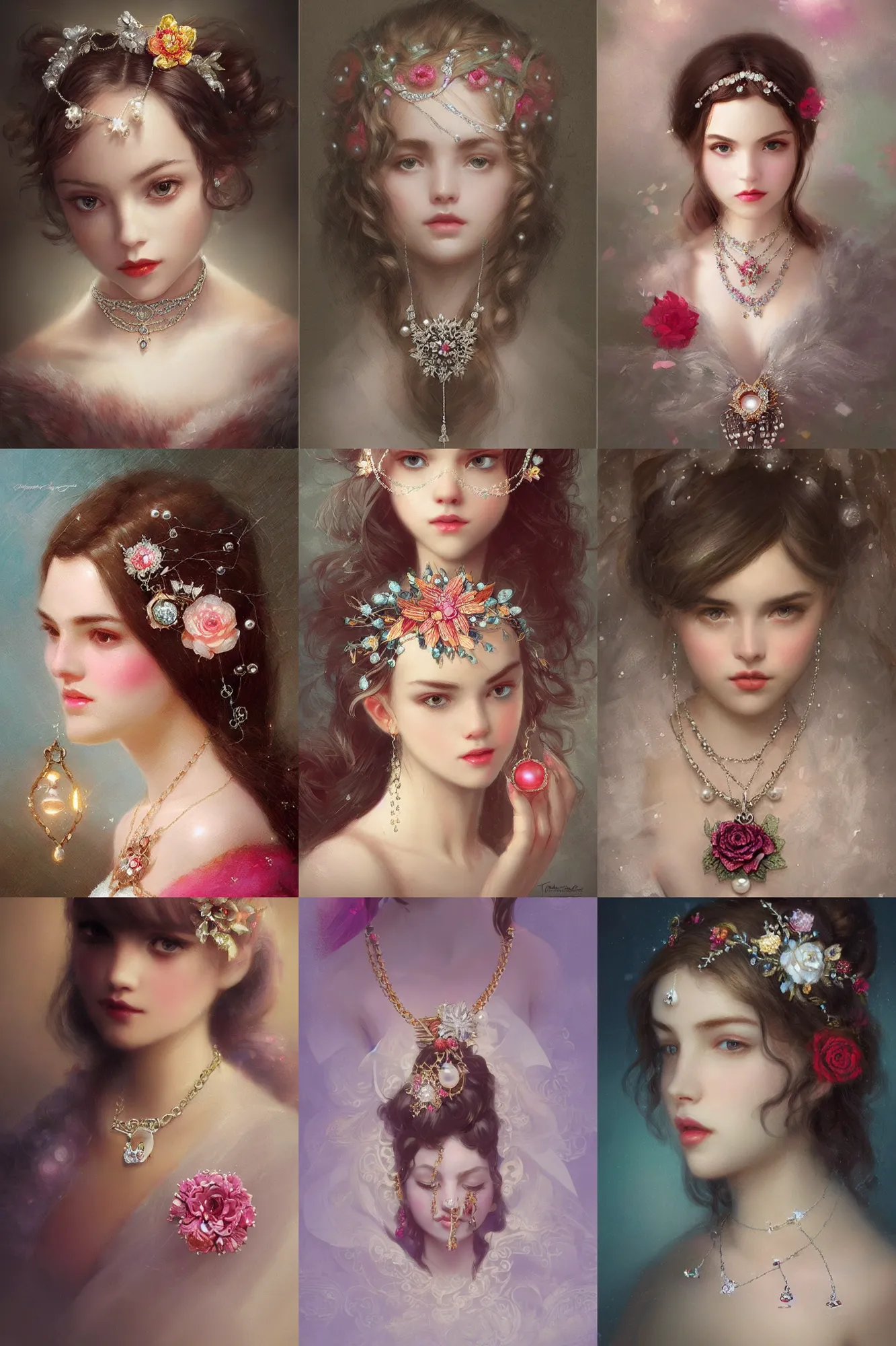 Prompt: a beautiful picture of lolita head ornament with gem, diamonds, small flower, pearls chain, embroidery design ， by greg rutkowski and thomas kinkade, trending on artstation