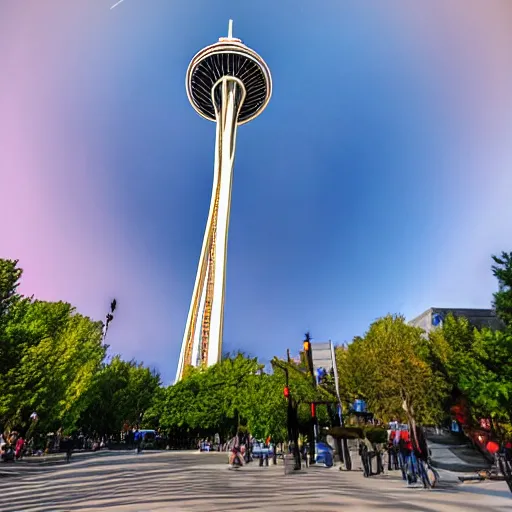 Image similar to Toronto tourist guide with planet mars as a head on Toronto space needle, dramatic cinematic lighting