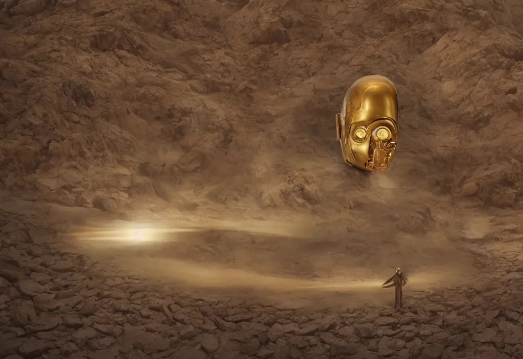 Image similar to glowing bene gesserit in full - face golden mask in a dry rocky desert landscape with alien complex city beneath the sand and giant alien spaceship in the sky attacks the earth by christopher doyle and alejandro jodorowsky, anamorphic lens, kodakchrome, cinematic composition, masterpiece, 8 k,