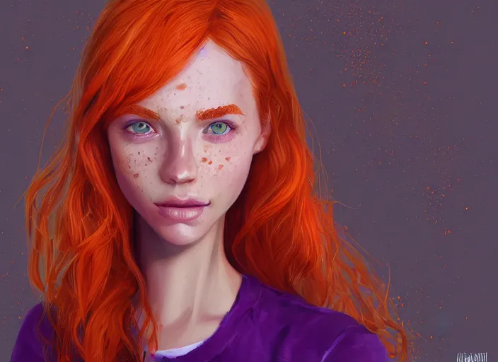 Image similar to portrait of a beautiful smiling girl with orange hair and freckles, green eyes, highly detailed, digital painting, concept art, smooth, sharp, focus, background is purple, artstation, style by Julia Razumova