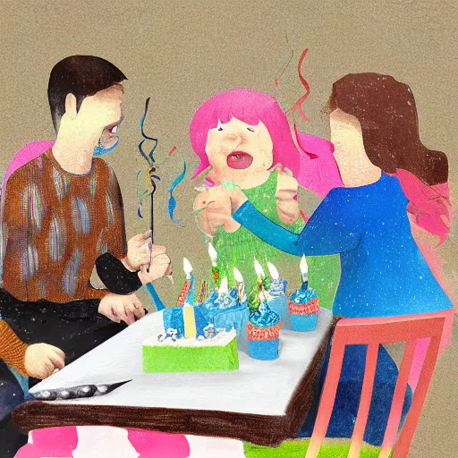 Image similar to the absolute despair of a birthday party, digital art painting