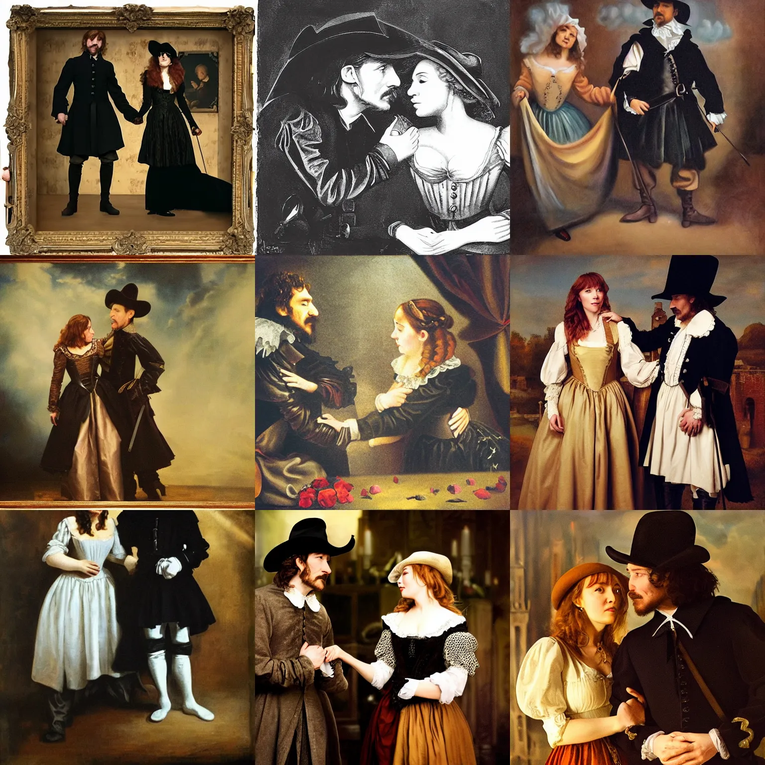 Prompt: Cyrano de Bergerac and Roxanne (Haley Bennet), are holding each other hand romantically. dramatic, high contrast, romantic, theatrical, lumnious, cinematic lights, oil canvas by Csók István, Munkácsi and Hollósy Simon