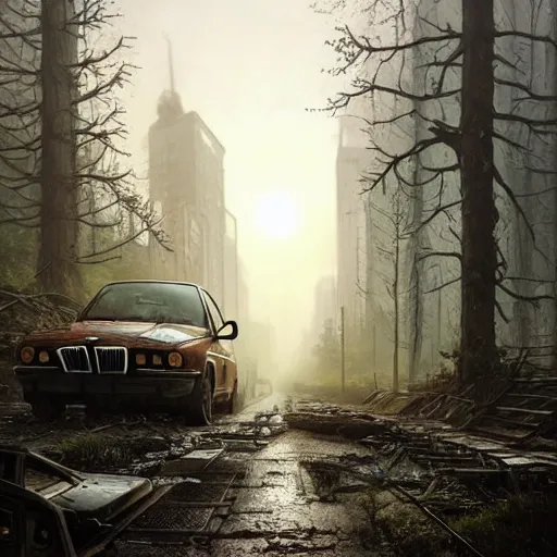 Prompt: postapocalyptic city of munich!!!, wild forest!!! vegetation!!!, small rubble!!, rusty bmw cars!!, hyperrealistic, highly detailed, cinematic, sunny foggy light, beautiful, cgssociety, artstation, 8 k, oil painting by greg rutkowski, by artgerm, by wlop