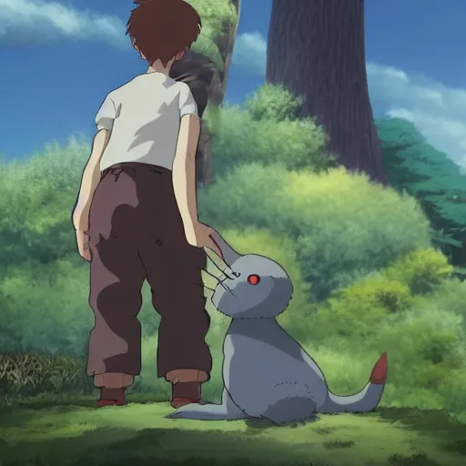 Image similar to friendly guy and small creature , with Fragile looking character portrait face in Ghibli artstyle highly detailed art, beautiful scene, sharp focus, smooth, 8k, anime art