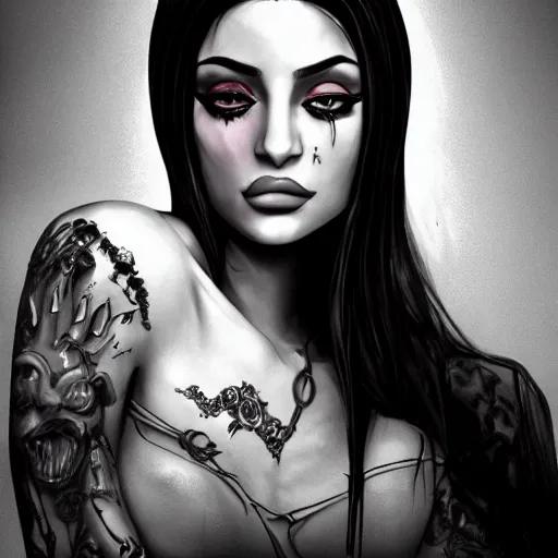 Image similar to michael karcz grunge drawing of kylie jenner. , in the style of corpse bride, loony toons style, horror themed, detailed, elegant, intricate, trending on artstation, 4k