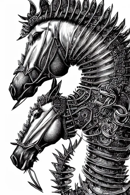 Prompt: evil horse, symmetrical, highly detailed, digital art, sharp focus, trending on art station, kentaro miura manga art style