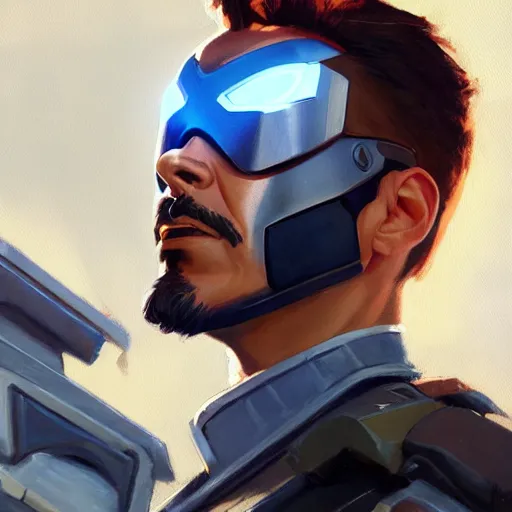 Image similar to greg manchess portrait painting of tony stark as overwatch character, totally whack, medium shot, asymmetrical, profile picture, organic painting, sunny day, matte painting, bold shapes, hard edges, street art, trending on artstation, by huang guangjian and gil elvgren and sachin teng