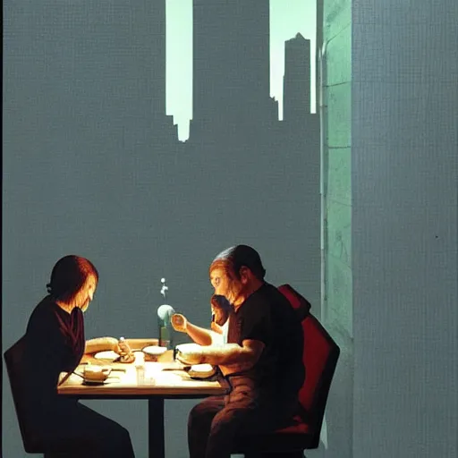 Image similar to cgi jade by michael sowa, by kazuki takamatsu. the art installation shows four people sitting in a diner late at night. the people in the art installation look tired & lonely. the art installation is set in new york city & shows the city's skyline in the background.