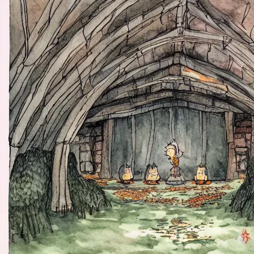 Prompt: interior, the hall in the castle decorated for halloween, in a small clearing among trees, drawn by hayao miyazaki, watercolor illustration for a book