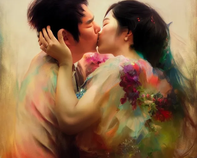 Image similar to photography of asian couples kissing each other, deep focus, d & d, presented as magazine collage style, volumetric light, colourful, sharp, detailed, digital painting by rolf armstrong, jeremy lipkin and michael garmash, rob rey and kentaro miura style