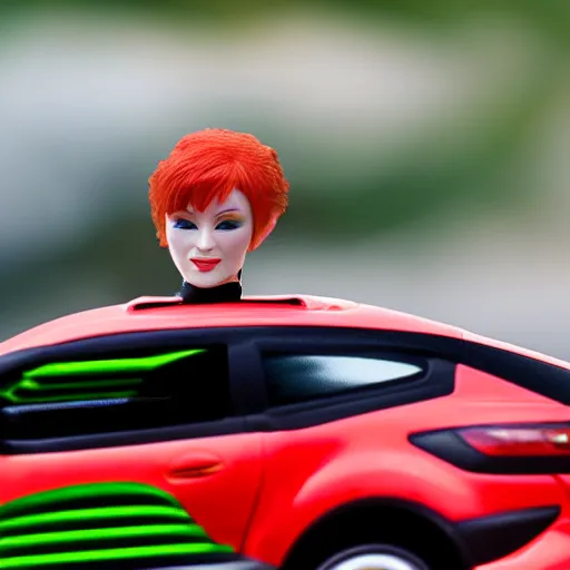 Image similar to a redhead woman driving a Jada toys mitsubishi eclipse green diecast car, high resolution macro photo, viewed through the cars window