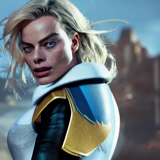 Image similar to action shots of Margot Robbie as mercy from over watch, alternate angle, imax, 4K, cinematic, volumetric