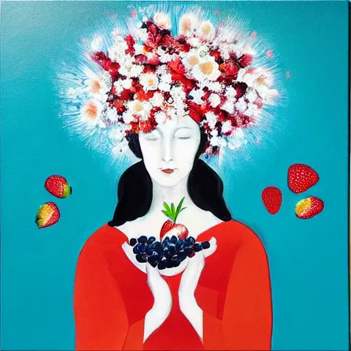 Image similar to “art in an Australian artist’s apartment, portrait of a woman wearing white cotton cloth, eating luscious fresh raspberries and strawberries and blueberries, white wax, edible flowers, Japanese pottery, ikebana, black walls, acrylic and spray paint and oilstick on canvas”