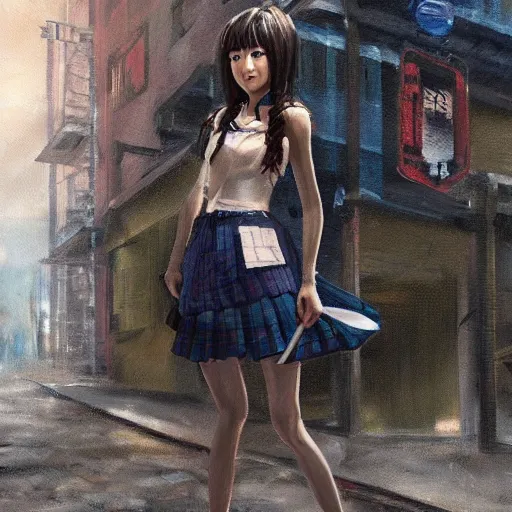 Image similar to a perfect, realistic professional oil painting of a Japanese schoolgirl posing in a dystopian alleyway, style of Marvel, full length, by a professional American senior artist on ArtStation, a high-quality hollywood-style concept